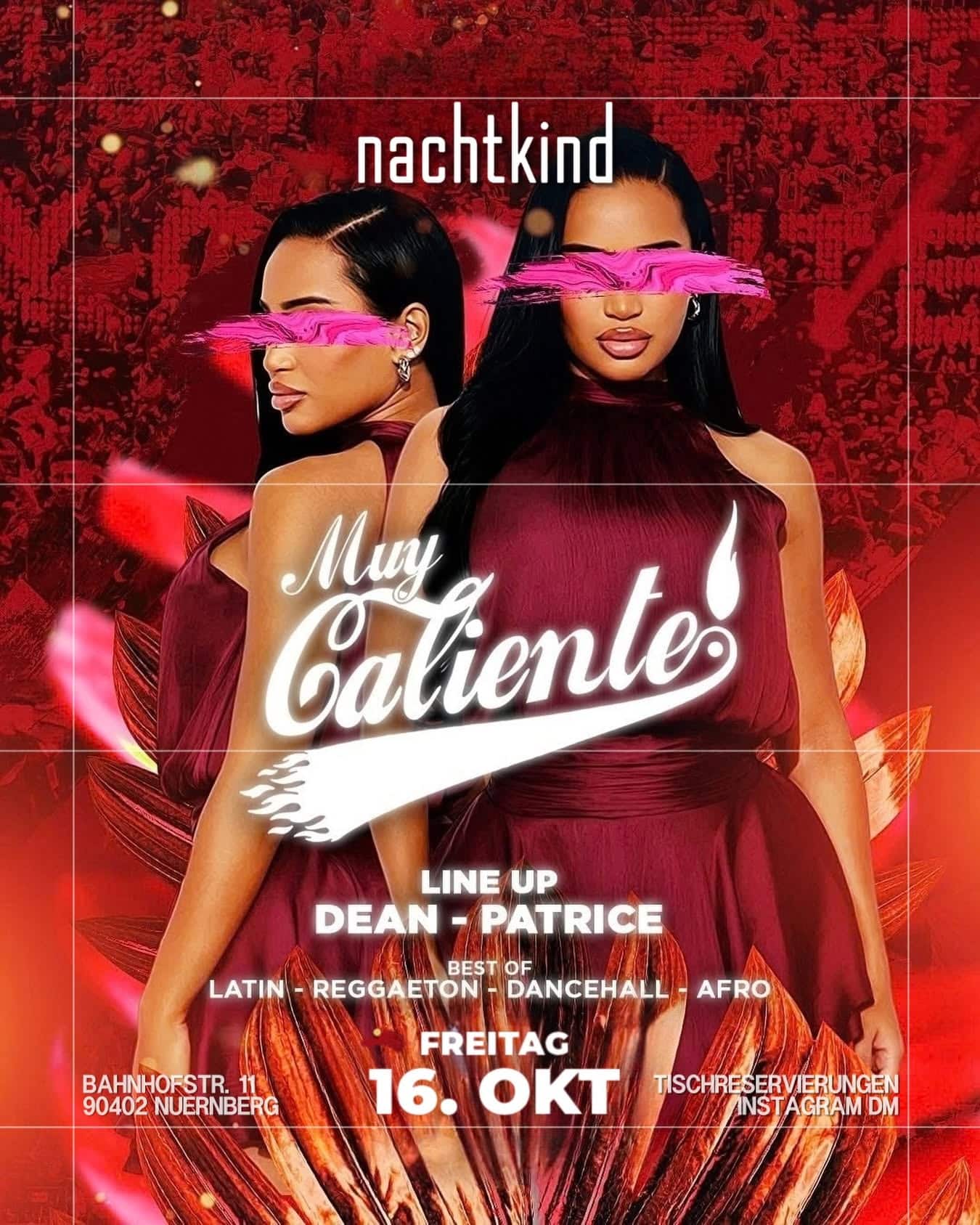 Flyer Muy Caliente am Freitag, 16. Oktober 2026 im nachtkind Nürnberg mit Dean und Patrice